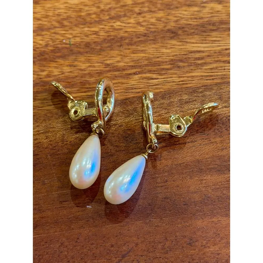 Monet Clip On Women's Faux Gold Pearl Teardrop Dangle Earrings Vintage